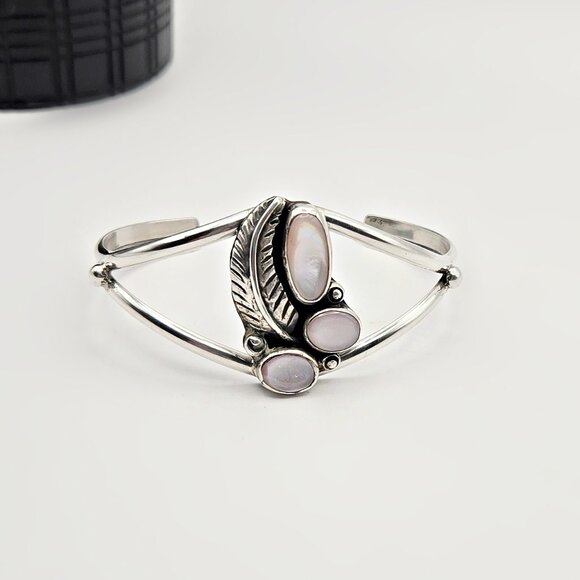 Vintage Jewelry - Southwestern Navajo Sterling Silver Mother-of-Pearl Squash Blossom Cuff “MC”